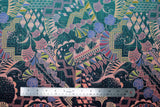 Flat swatch Wilshire Sunset fabric (busy design allover: geometric shapes, swirls, leaf look shapes, dots, etc. in teal, blue, purple, peach, green light and pale shades)