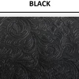 Floral design embossed vinyl swatch in shade black with label