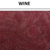 Floral design embossed vinyl swatch in shade wine (medium purple/red) with label