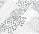 Square swatch Game of Thrones themed fabric (white fabric with "Winter is Coming" text and white to dark grey wolf house heads)