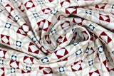 Swirled swatch American themed printed fabric in Red, White, Blue, Beige Diamonds & Squares