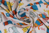 Swirled swatch kitty love fabric (white fabric with cartoon tossed kittens in grey, yellow with orange polka dots, blue with orange sweaters, and orange with blue sweaters, tossed red heart outlines)