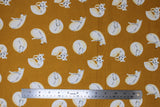 Flat swatch sleepy fox fabric (dark mustard fabric with tossed white cartoon foxes in curled up/sleeping positions allover)