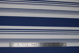 Flat swatch aruba stripe fabric (white fabric with thick blue stripes and groups of small blue stripes within the white spaces)