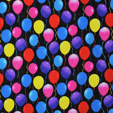 Square swatch Balloons fabric (black fabric with coloured balloons allover in blue, purple, pink, red, yellow with multicoloured strings)