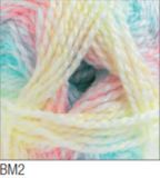 Swatch of Baby Marble DK yarn in shade BM2 (pale yellow, pink, and blue shades)