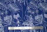 Flat swatch California themed fabric in White Flowers & Shack on Blue