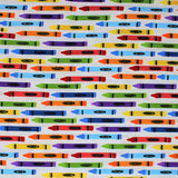 Square swatch Crayons fabric (white fabric with coloured crayons with colour labels allover: blue, yellow, red, orange, green, etc.)