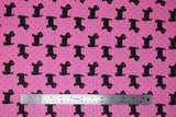 Flat swatch schnauzer fabric (bright pink fabric with black schnauzer dog silhouettes and tiny black polka dots)