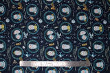 Flat swatch Marlin fabric (dark blue fabric with circular submarine window look badges allover with cartoon fisherman inside, tossed small bubbles and small sea creatures/fish all around)