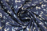 Swirled swatch Nauti fabric (dark blue fabric with small tossed anchors allover in white, silver, bronze look, tossed small bubbles allover)