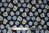 Flat swatch embroidery hoop printed fabric (black fabric with small tossed embroidery hoop cartoon designs allover with works in progress, tossed needles, thread, scissors, floral, leafy, cactus designs)