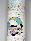Full roll of Mickey and Minnie Mouse (Licensed) printed fabric in Mermaid Minnie Mouse (Minnie with purple bow and blue/yellow mermaid tail with stars and hexagons on white)