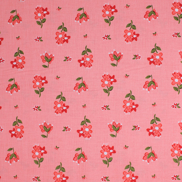 Square swatch summer blush fabric (pink/coral fabric with tossed red and white small floral with green stems)