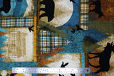 Flat swatch wild and free printed fabric in Birds, Bears Cabins, Plaid