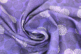 Swirled swatch purple circles fabric (purple fabric with small faded black/grey circles comprised of small dots allover with tossed occasional white circles comprised of small dots)