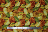 Flat swatch halloween printed fabric in Tossed Pumpkins (orange and white pumpkins and green gourd collage)