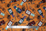 Flat swatch halloween printed fabric in Potions, Bats and Bugs (potion bottles, centipedes, large spiders, on orange)