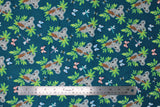 Flat swatch koalas fabric (deep teal fabric with tossed grey koalas with brown tree branches with green leaves and tossed bees, butterflies and dragonflies)