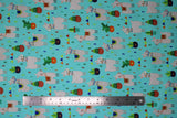 Flat swatch blue fabric (teal blue fabric with tossed small green cacti in pots and tossed white and grey llamas with polka dots and colourful decorative saddles)