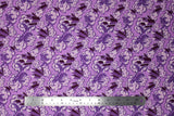 Flat swatch crystals and peonies printed fabric in purple (medium purple fabric with tossed light purple peonies and dark purple crystal clusters tossed allover)