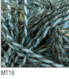 Swatch of Marble DK yarn in shade MT18 (light and dark blue, green shades with twists)