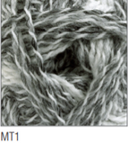 Swatch of Marble DK yarn in shade MT1 (white, light and dark grey shades with twists)