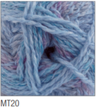 Swatch of Marble DK yarn in shade MT20 (light pale blue and purple shades with twists)