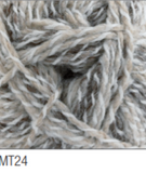 Swatch of Marble DK yarn in shade MT24 (white, beige, brown shades with twists)