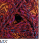Swatch of Marble DK yarn in shade MT27 (burgundy, yellow, blue, orange shades with twists)