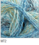 Swatch of Marble DK yarn in shade MT2 (white, light and medium blue, pale green, purple shades with twists)