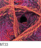 Swatch of Marble DK yarn in shade MT33 (purple and pink hues with orange and twists)