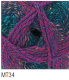 Swatch of Marble DK yarn in shade MT34 (light and dark turquoise, purple/pink shades with twists and yellow flecks)