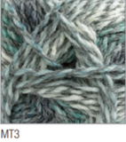 Swatch of Marble DK yarn in shade MT3 (white, grey, pale blue shades with twists)