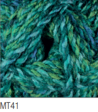 Swatch of Marble DK yarn in shade MT41 (turquoise green and blue shades with twists)