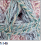 Swatch of Marble DK yarn in shade MT46 (light pink, blue and purple shades with twists)