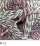 Swatch of Marble DK yarn in shade MT4 (white, grey and pink shades with twists)