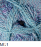 Swatch of Marble DK yarn in shade MT51 (pale blue and purple shades with twists)