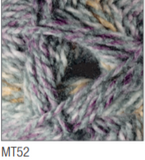 Swatch of Marble DK yarn in shade MT52 (grey, purple, pale coral shades with twists)
