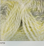 Swatch of Marble DK yarn in shade MT54 (white, yellow, beige/grey shades with twists)
