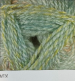 Swatch of Marble DK yarn in shade MT56 (pale green, yellow, grey shades with twists)