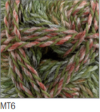 Swatch of Marble DK yarn in shade MT6 (grey, dark olive and pale pink shades with twists)