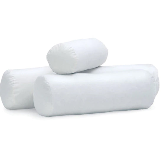 A stack of 3 bolster/neck roll pillow forms in white colour on white background (small to large sizes)