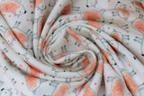 Swirled swatch pigs fabric (white fabric with doodle style pigs roughly coloured in with pink and tossed pink tiny stars)