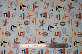 Flat swatch Planes and Boats fabric (light blue fabric with tossed full colour drawn style planes, boats, hot air balloons, rainbows, etc.)