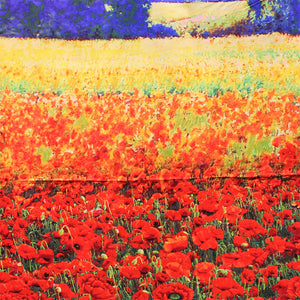 Square swatch - Poppies Panel - 36" x 45" (outdoor nature scene: red poppy field with trees and house in background)