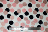 Flat swatch circles & dots print fabric in blush (pink/black circles on white)