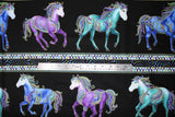 Flat swatch animal themed printed fabric in Horsen Around (on black)