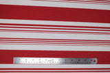 Flat swatch ruby stripe fabric (white fabric with thick red stripes and groups of small red stripes within the white spaces)