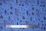 Flat swatch blue under the sea fabric (blue fabric with dark blue tossed under the sea themed drawing style graphics allover: bubbles, starfish, octopi, etc.)
